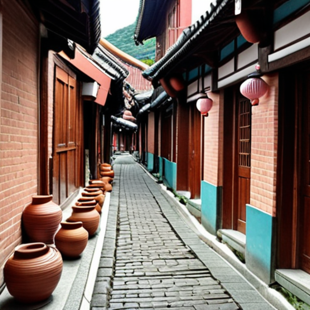 **

A narrow alley in Yingge Pottery Old Street, Taiwan, lined with red brick buildings and various pottery shops. Capture the feeling of stepping back in time, with a focus on the unique ceramics and the charm of the hidden gems within the winding lanes. Include details like handmade pottery and traditional teacups.

**