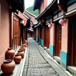 **

A narrow alley in Yingge Pottery Old Street, Taiwan, lined with red brick buildings and various pottery shops. Capture the feeling of stepping back in time, with a focus on the unique ceramics and the charm of the hidden gems within the winding lanes. Include details like handmade pottery and traditional teacups.

**