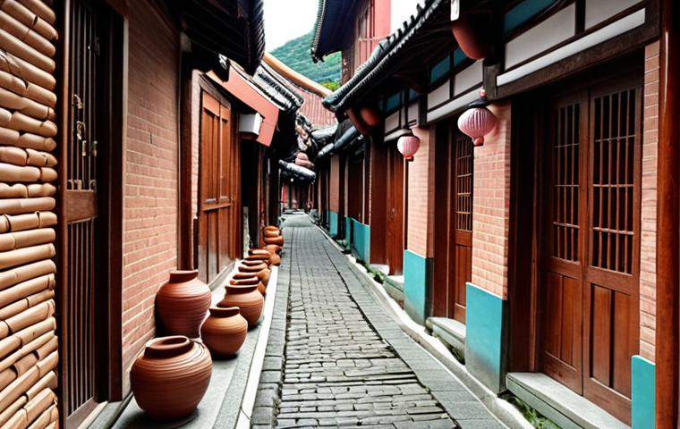 **

A narrow alley in Yingge Pottery Old Street, Taiwan, lined with red brick buildings and various pottery shops. Capture the feeling of stepping back in time, with a focus on the unique ceramics and the charm of the hidden gems within the winding lanes. Include details like handmade pottery and traditional teacups.

**